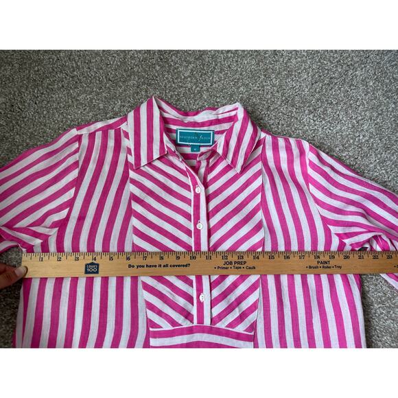 Southern Frock Linen Tunic Long Sleeves Pink White Striped Beachy Coastal Medium - Picture 8 of 10